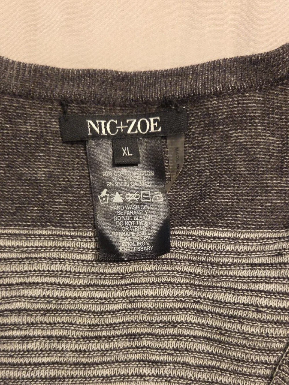 Nic + Zoe Gray & Charcoal Striped Open Cardigan with Pink Cuff Detail